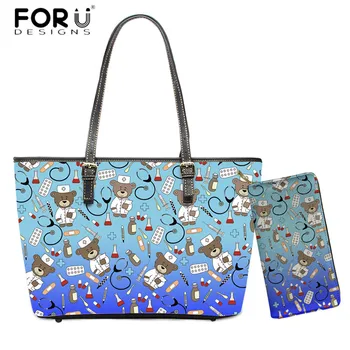 

FORUDESIGNS New Fashion Female Tote Bags Gradient Nurse Bear Pattern Women Shoulder Bags Set PU Leather Purses for Girls Handbag