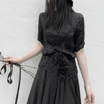 

[] Women Black Pleated Brief Temperament T-shirt New Round Neck Short Sleeve Fashion Tide Spring Summer 2020 19A-a565