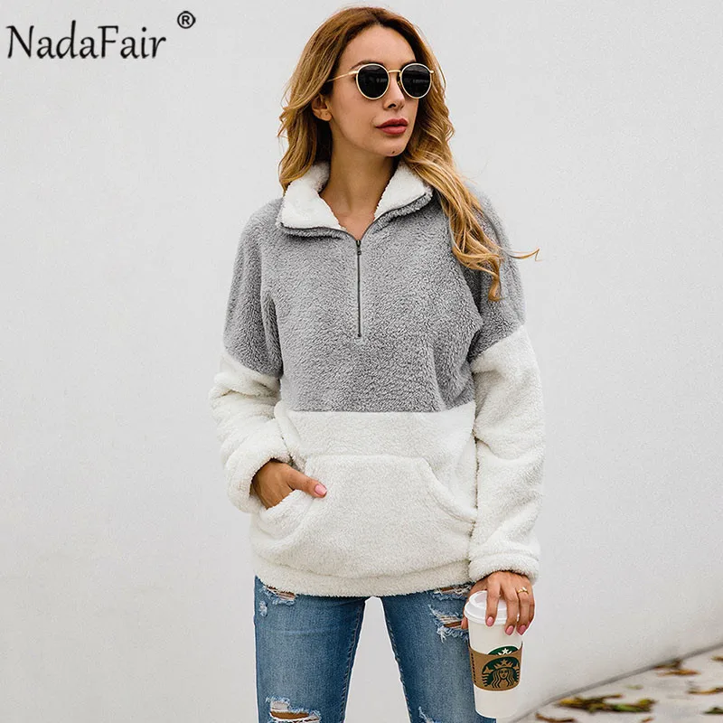 Nadafair, искусственный мех, повседневные, более размера d, толстовки, Женская толстовка, осень, пэчворк, карманы, молния, размера плюс, флис, Зимний пуловер - Цвет: Серый