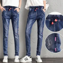 Свободные обтягивающие талии галстук с джинсами Женская высокая талия большой размер свободные повседневные брюки Харлан вышитые Маленькие ноги брюки