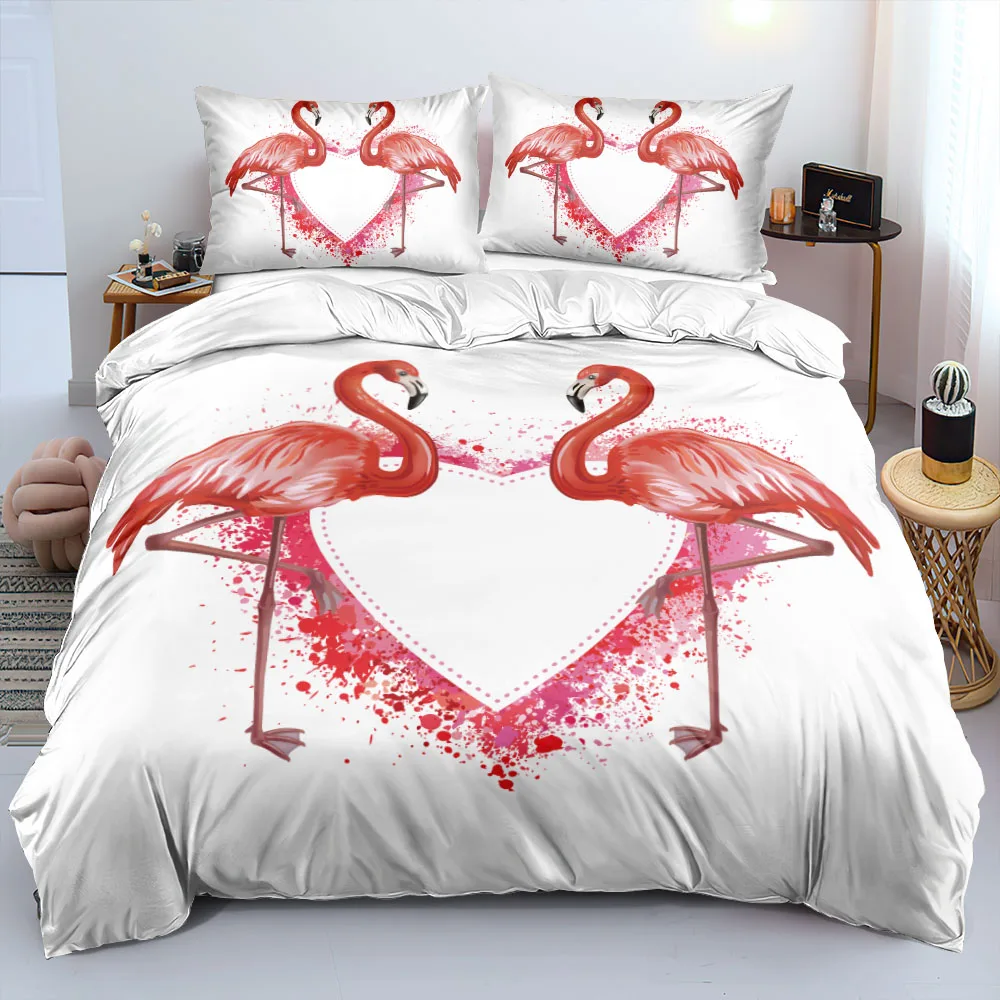 

3D White Quilt Cover Sets Custom Design Animal Comforter Covers Pillow Sham King Queen Single Twin Full Size Flamingo Beddings