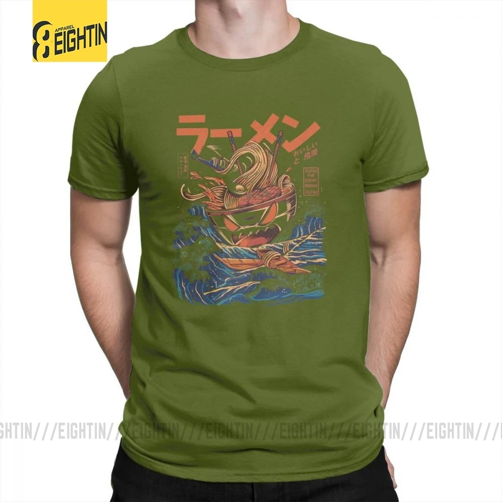 Мужские футболки в японском стиле Харадзюку с круглым вырезом и надписью "Great Ramen Off Kanagawa Noodle" из чистого хлопка, футболки с короткими рукавами, большие размеры - Цвет: Армейский зеленый