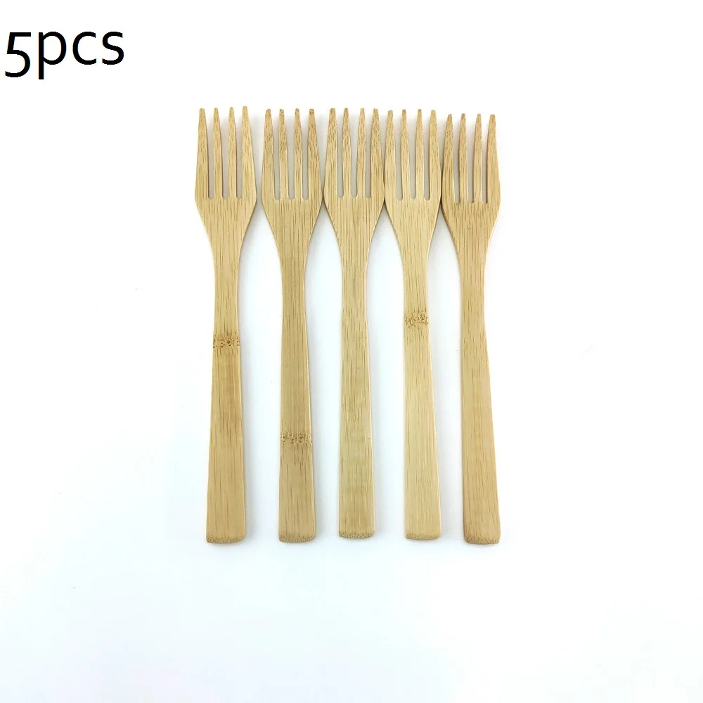 5 pcs Деревянная вилка, Бамбуковая кухонная портативная многоразовая посуда высокого качества, суп-чайная ложка, посуда для кухни - Цвет: 5 pcs