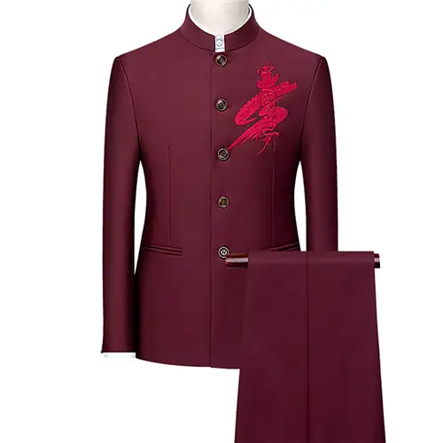 Men's White Single Breasted Stand Up Collar Suit 2-Piece, Chinese Style Red Slim-Fit Blazer Coat and Pants, Black, Blue, Yellow. - Image 18