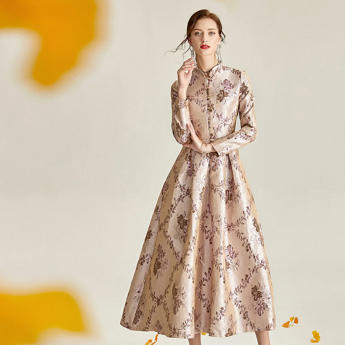 2020 Vintage Spring Jacquard Printed Long Dress Mandarin