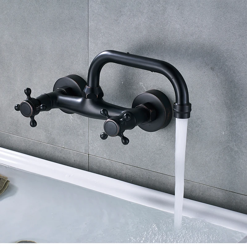 Quyanre Blackend Wall Mount Basin Faucets Dual Handles Mixer Tap Hot Cold Water Mixer Tap For Kitch