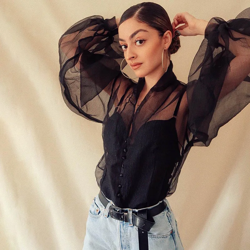 

JIEZuoFang Luxury Lantern Sleeve Black Mesh T Shirt Button Loose Transparent Tee Shirt Women Sexy Top High Street Tshirt