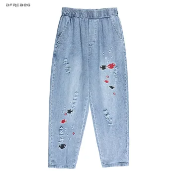

Plus Size Ripped Ladies Fish Embroidery Jeans 2020 Spring Elastic Waist BF Vintage Harajuku Jean Femme Denim Harem Pants