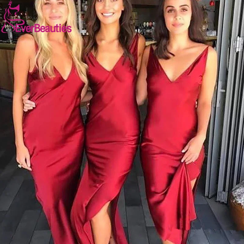 

Simple Charming Red V Neck Bridesmaid Dresses Long Sleeveless Side Slit Satin Long Cheap Vestido De Festa