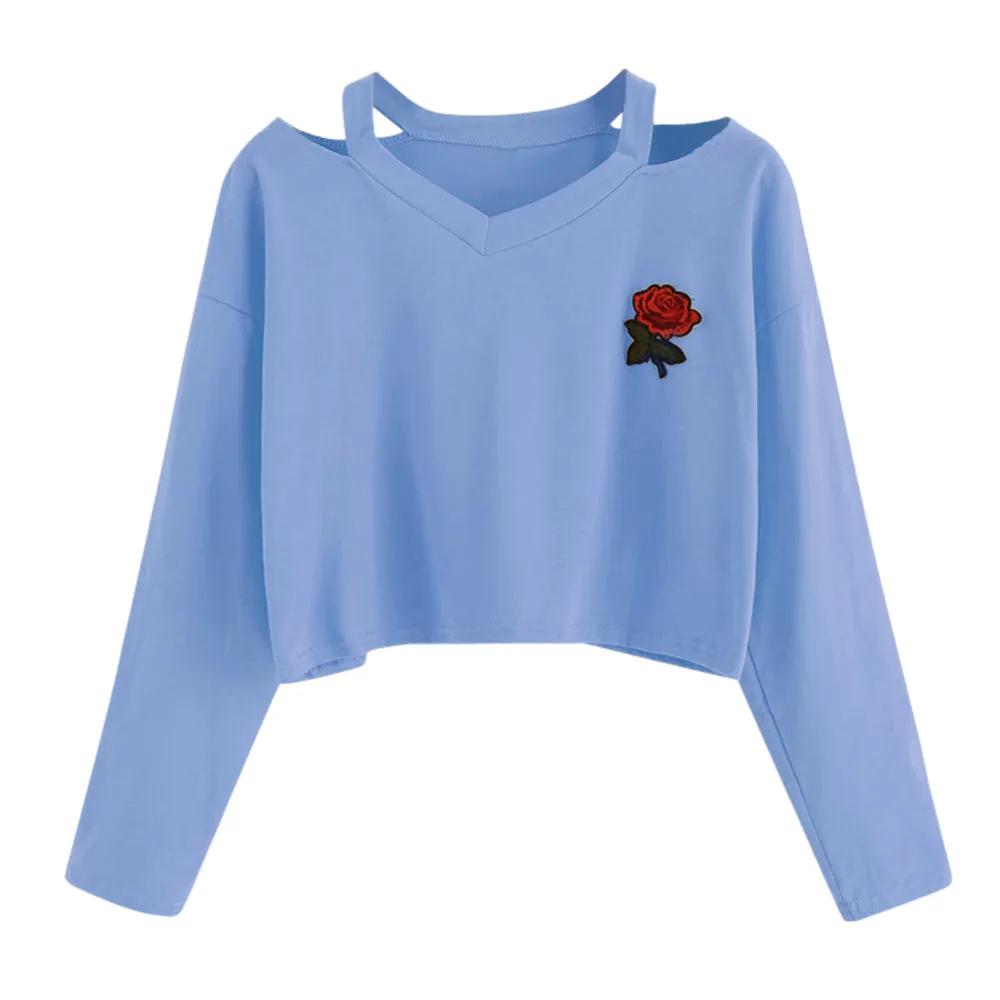 JAYCOSIN Fashion Women Rose Print Strapless Shoulder Hoodie Long Sleeves Unique Comfortable Chic Stylish Elegant Top Blouse