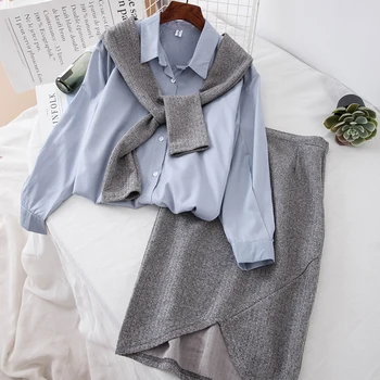 

2020 Fashion Spring Shawl Spliced Shirt Tops + Mid-length Skirt Two-piece Set Ladies' Casual Skirt Suits Women Clothes Outfits