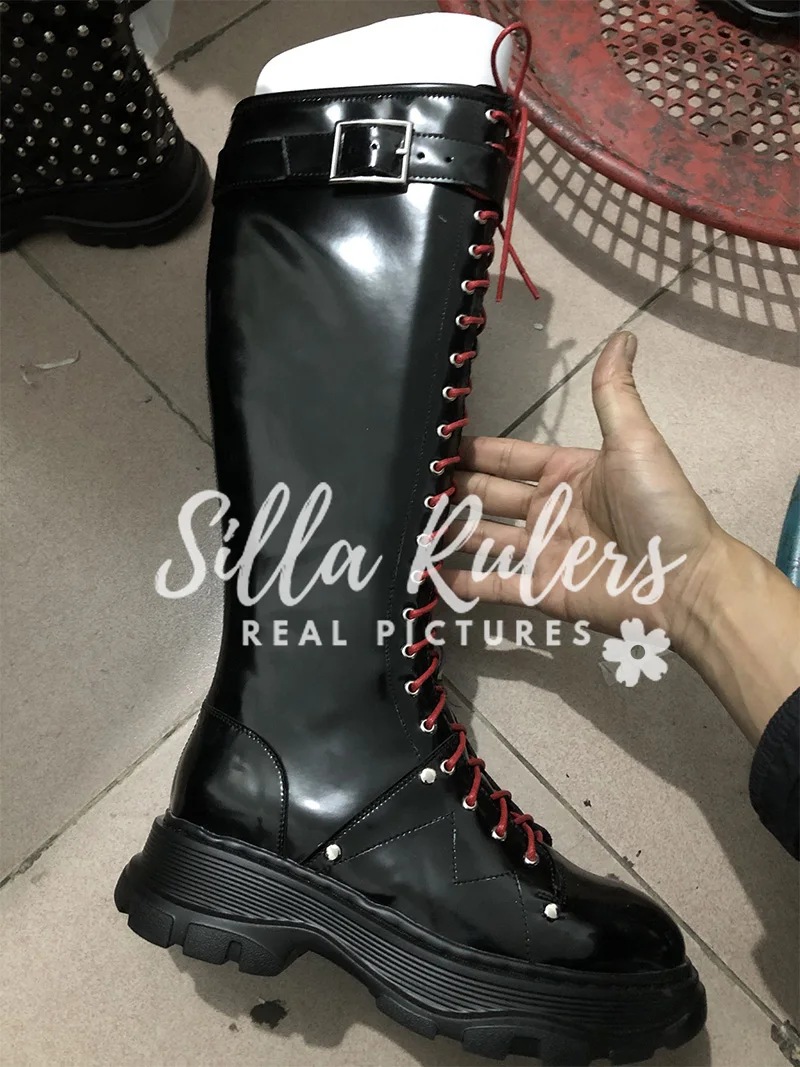 black New Rivet Black Genuine Leather Thick bottom Knight Boots Woman Round Toe Lace Up Knee Boots Woman Motorcycle Boots Woman - Цвет: black
