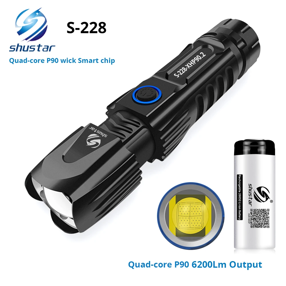 Baratos Linterna LED S228 con lámpara XHP90 cuenta de alta potencia 6200LM antorcha táctica impermeable control inteligente del chip con cono de ataque inferior