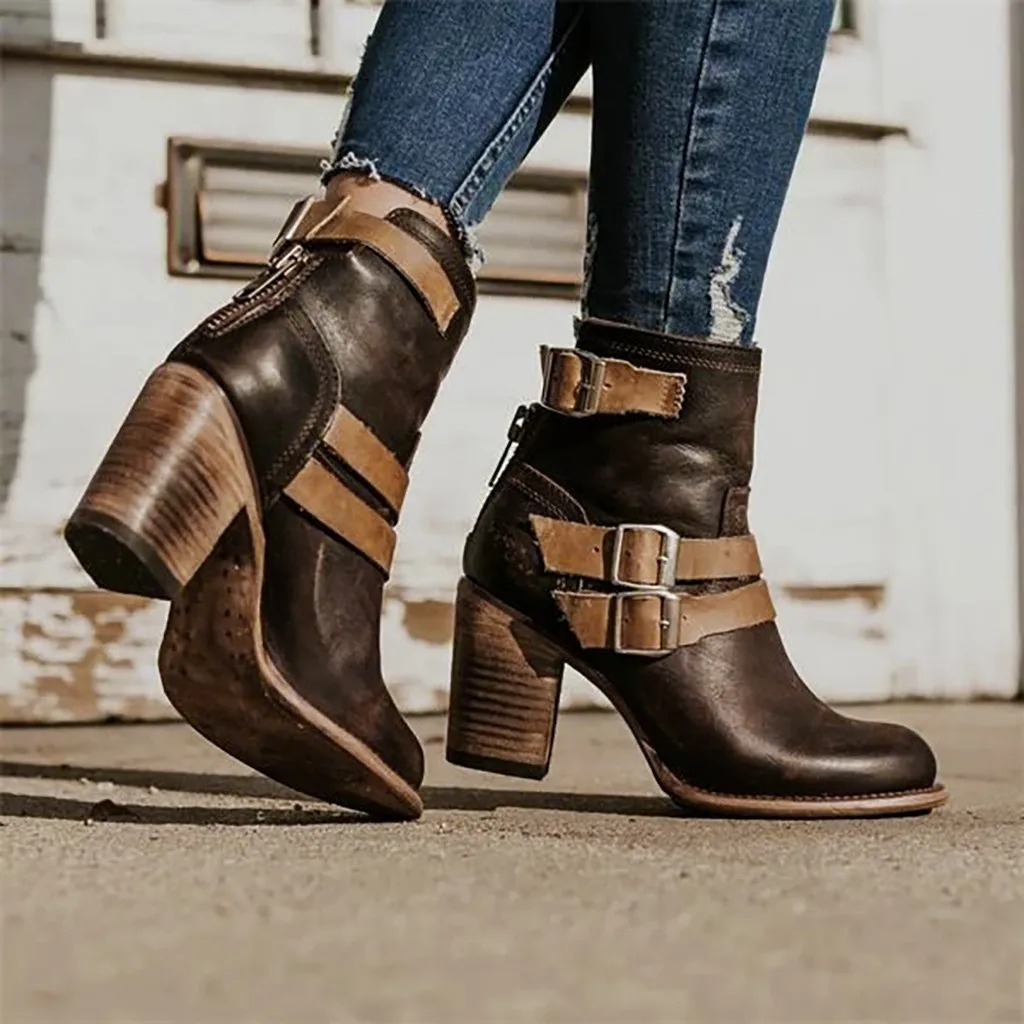 

Perimedes PU Women's Wedges Boots Solid Round Toe Women's Winter Boots Buckle Zipper Shoes Woman Mid Heel Boots bota feminina