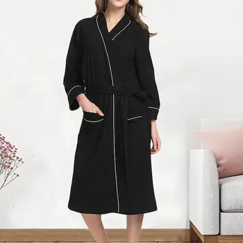 

2019 new Women Robe Elegant Loungewear Solid Pocket Home Nightwear Long Sleeve Daily With Belt Kimono Sleepwear Cotton Blend #12