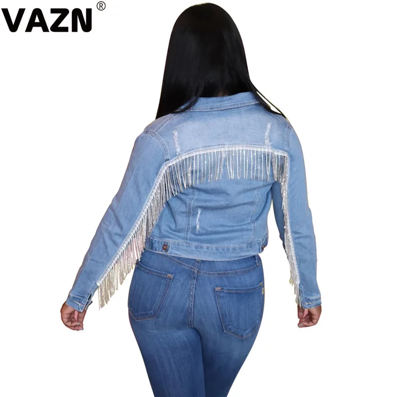 VAZN XMY9203 новая джинсовая верхняя одежда для молодых негодных тяжелой промышленности с кисточками Повседневная однотонная с длинным рукавом Wild Joker Женская короткая верхняя одежда