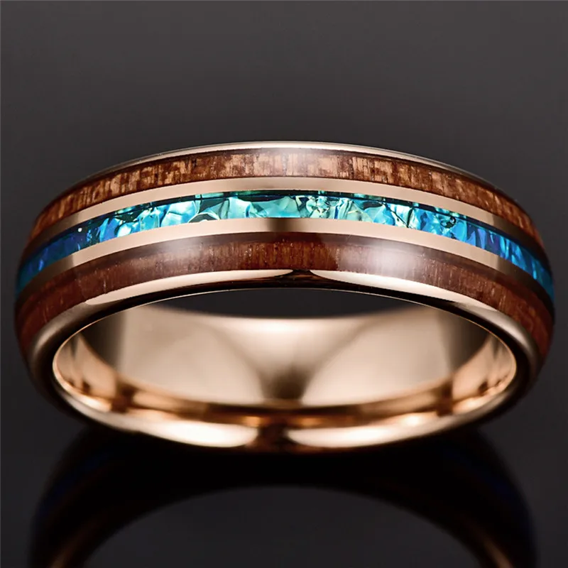 NUNCAD Wood Tungsten Carbide Ring For Men 6MM Rose Gold Acacia Imitation Opal Dome tungsten Steel Ring Anillo Hombre