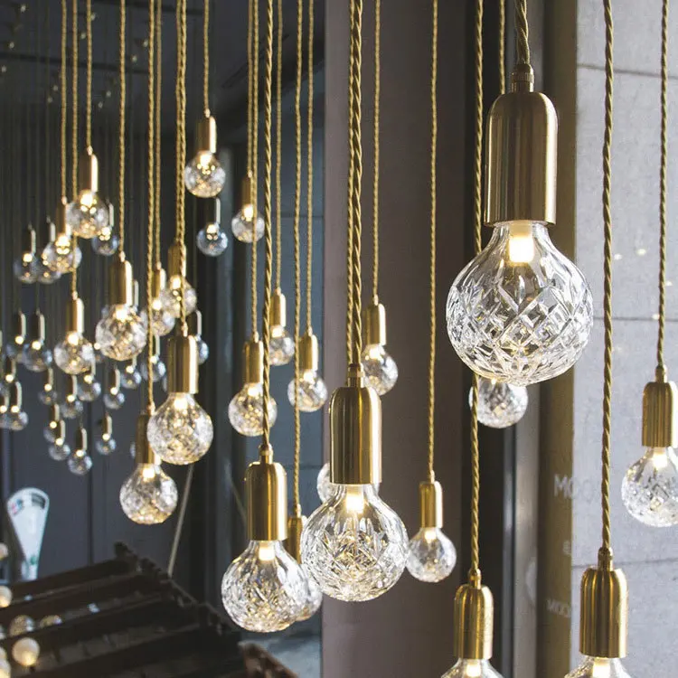 

Designer Post Modern Glass Ball Globe Led Pendant Light Lamp Dimmable Gold Iron Rod Pipe Simple Line Pendant Lamp Light Led