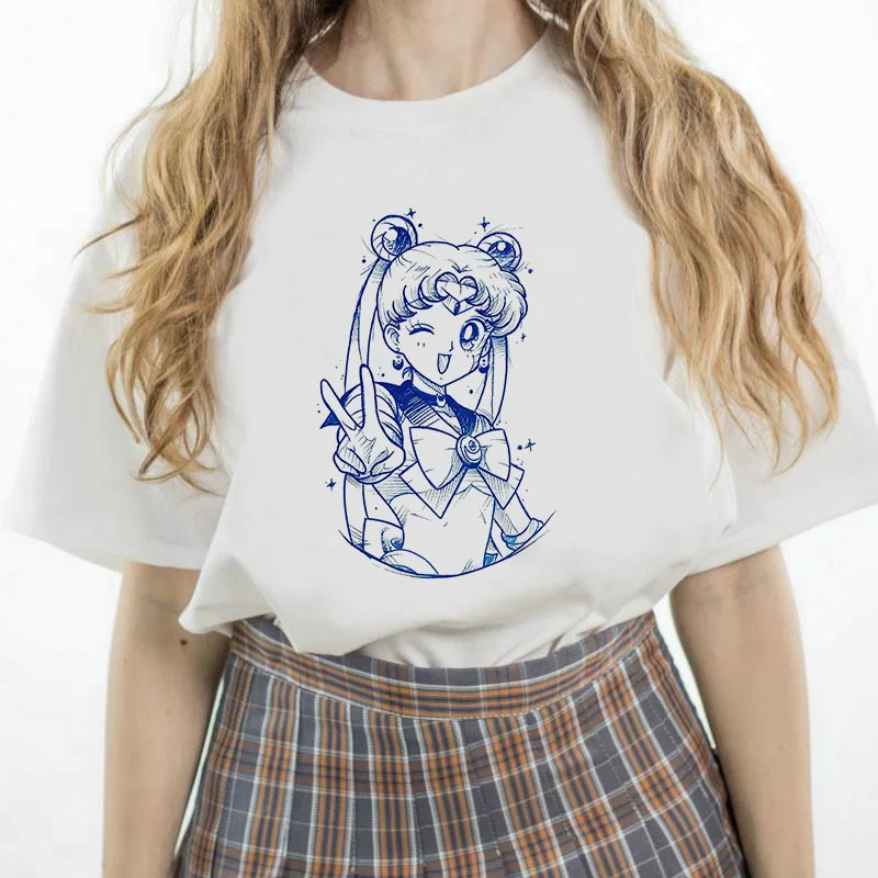 Sailor Moon летняя футболка для женщин Harajuku короткий рукав забавная футболка Ulzzang футболка с милым котом женские футболки с героями мультфильмов
