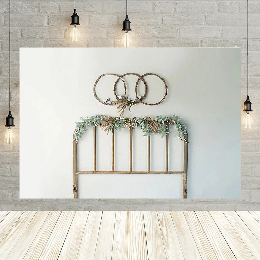 

Avezano Headboard Bed Photography Background White Wall Green Wreath Baby Birthday Portrait Backdrop Photo Studio Photocall Prop
