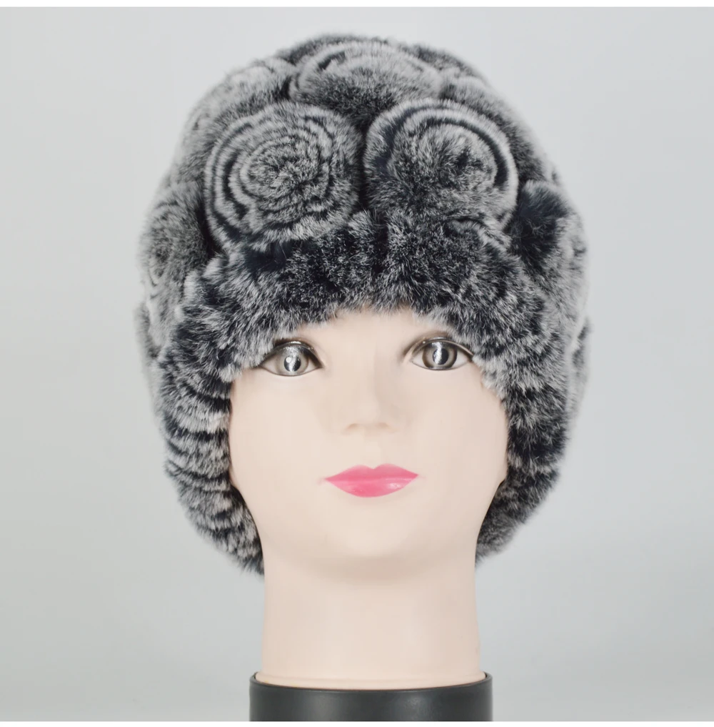 Winter Rex Rabbit Fur Hat Women Knitted Natural Rex Rabbit Fur Flowers Beanies Hats Warm Soft Real Rex Rabbit Fur Caps