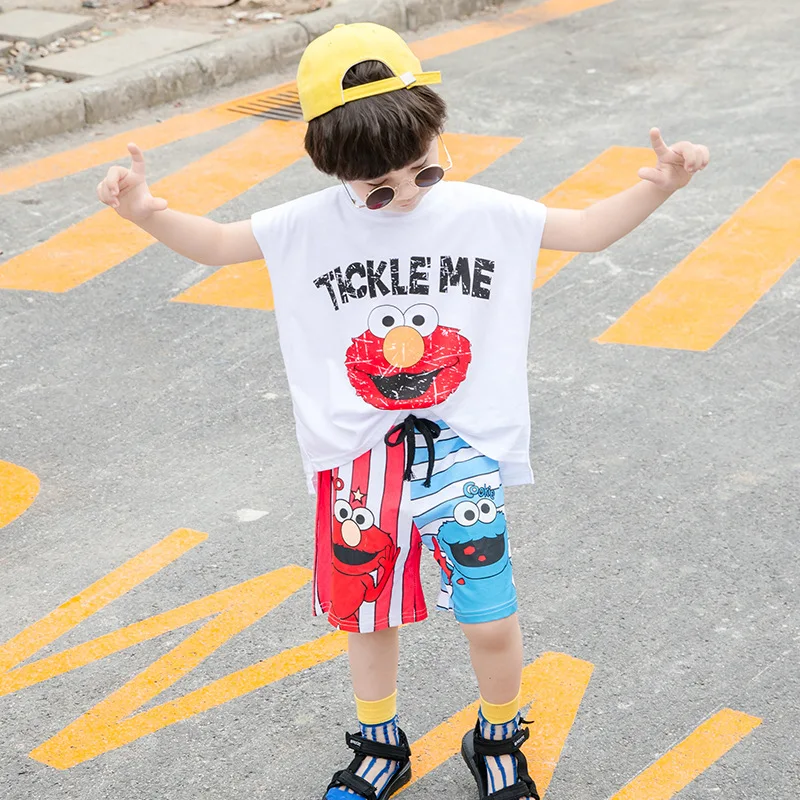Sesame Street Smiley Cartoon Print Boys Clothing Sets T shirt+Shorts 2Pcs Fashion Boy Clothes Cute Top Wear T-shirt Sports | Детская