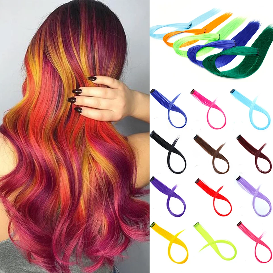 Lupu-extensiones de cabello largo y liso, 22 pulgadas, sintético, ombré, rosa, Morado, amarillo, Clip en pelo falso, Color arcoíris, resistente al calor