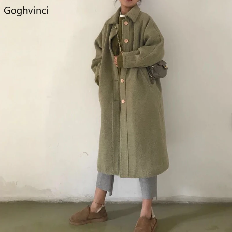 

Wool Women Long Coat Single Breasted Simple All Match Womens Coats Winter Korean Style New Trendy Comfortable High Quality Chic