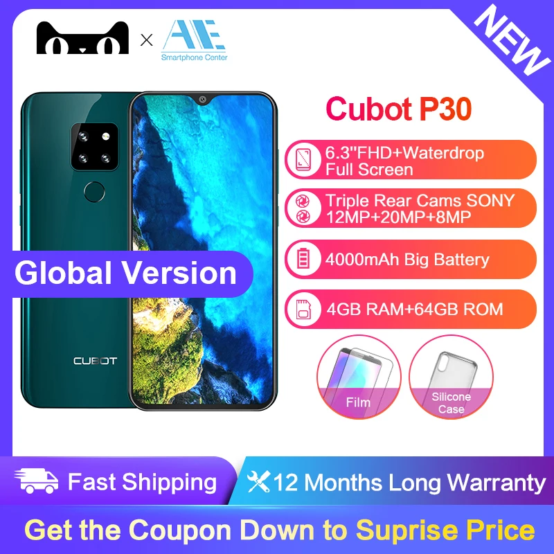 

Cubot P30 Android 9.0 4GB+64GB Octa Core Smartphone 6.3" FHD+ Waterdrop Screen 20MP+12MP+8MP Triple Camera 4000mAh Face ID Phone