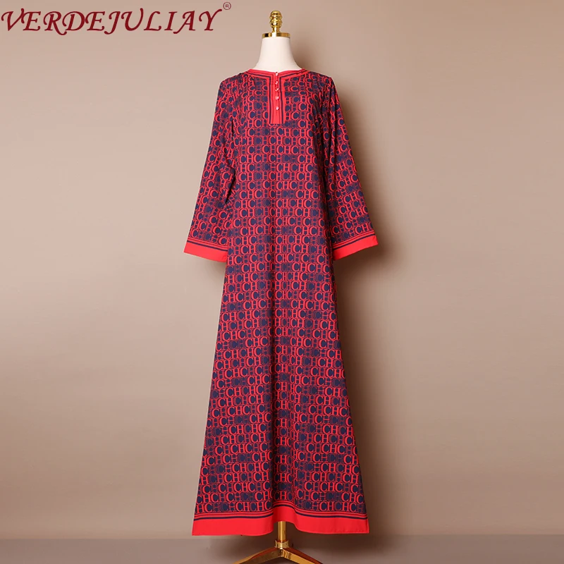 

VERDEJULIAY Luxury Letters Printed Gown Dress 2020 Spring Runway Designer Women's Full Sleeve Sashes Loose Elegant Maxi Dress