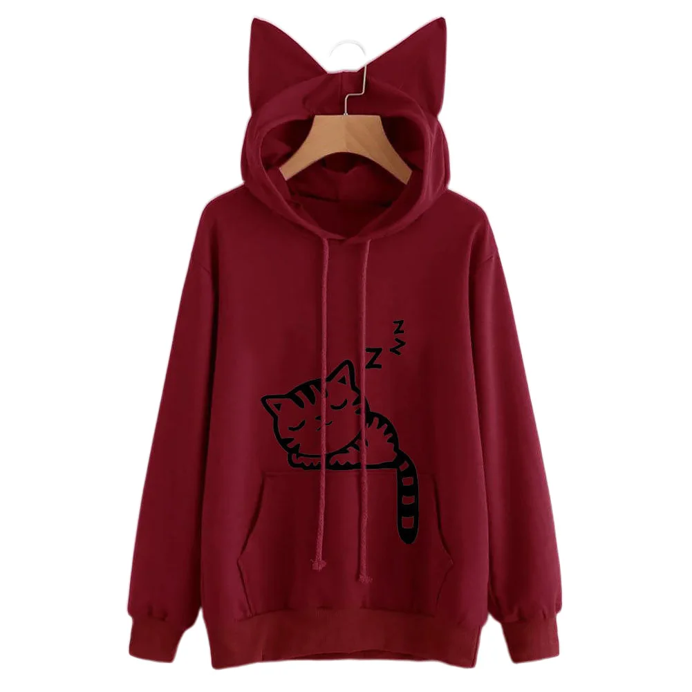 

New Hoodie Autumn Women Hoodies Cat Ear Cartoon Print Winter Women Sweatshirt Long Sleeve Loose Daily Women Coat