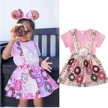 

2020 Cute 0-24M Summer Infant Kids Baby Girls Clothes Donuts Cartoon Print Short Sleeve Romper Tops+Bib Strap Dress Sweet Set