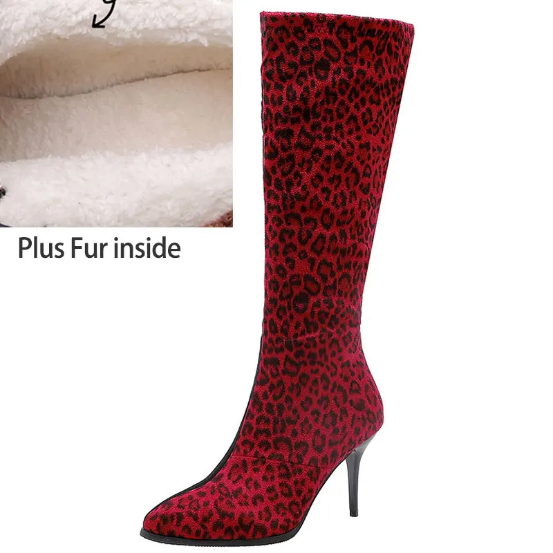 Plus Fur Red Lsewilly/популярные ботинки с леопардовым принтом женские сапоги до колена на тонком каблуке, большие размеры 32-48 пикантные женские высокие сапоги из флока на молнии в стиле пэчворк, K167 - Цвет: Plus Fur Red
