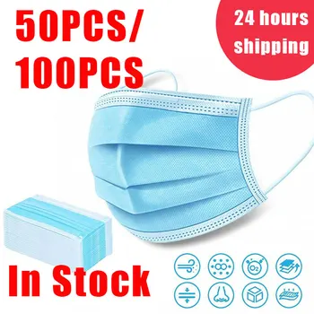 

In Stock 50PCS 3 Layers Face Mask Disposable Non Woven Filter Protection Anti Dust Spray Bacteria Flu Gas Mascarillas Safety