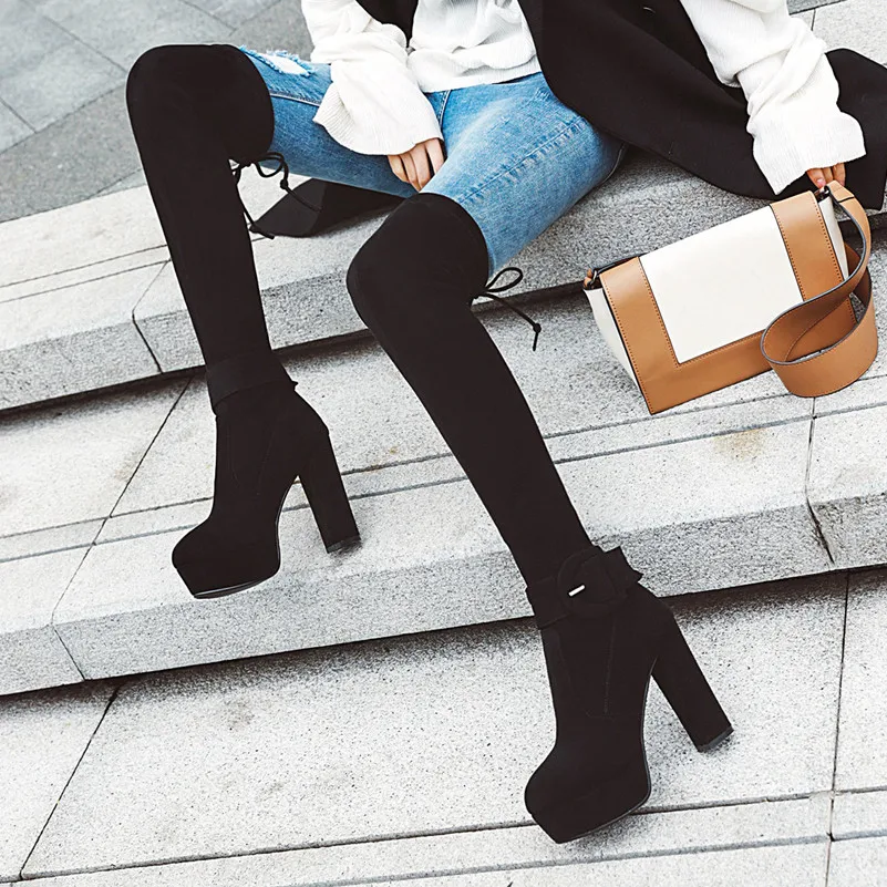 Meotina Winter Thigh High Boots Women Snake Print Thick Heel Over The Knee Boots Slim Stretch Super High Heel Shoes Ladies 33-46