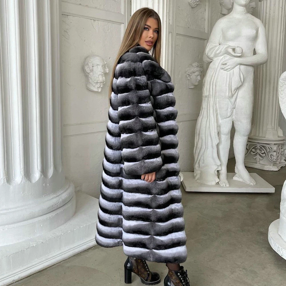 130cm Long Real Rex Rabbit Fur Coat with Lapel Collar Fashion Chinchilla Color Natural Rex Rabbit Fur Coat Luxury Fur Overcoats