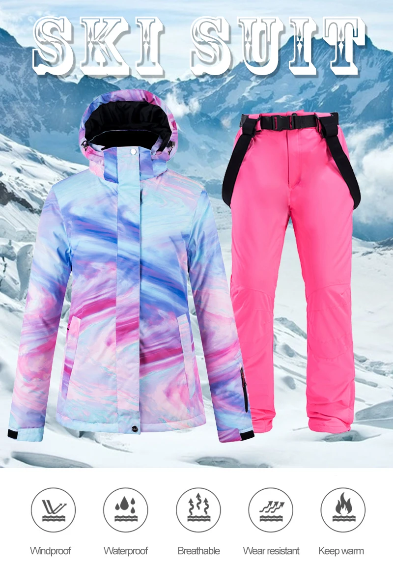 Красочный Зимний костюм Женская лыжная куртка+ зимние комбинезоны брюки зимние водонепроницаемые утепленные костюмы женский комплект для сноуборда