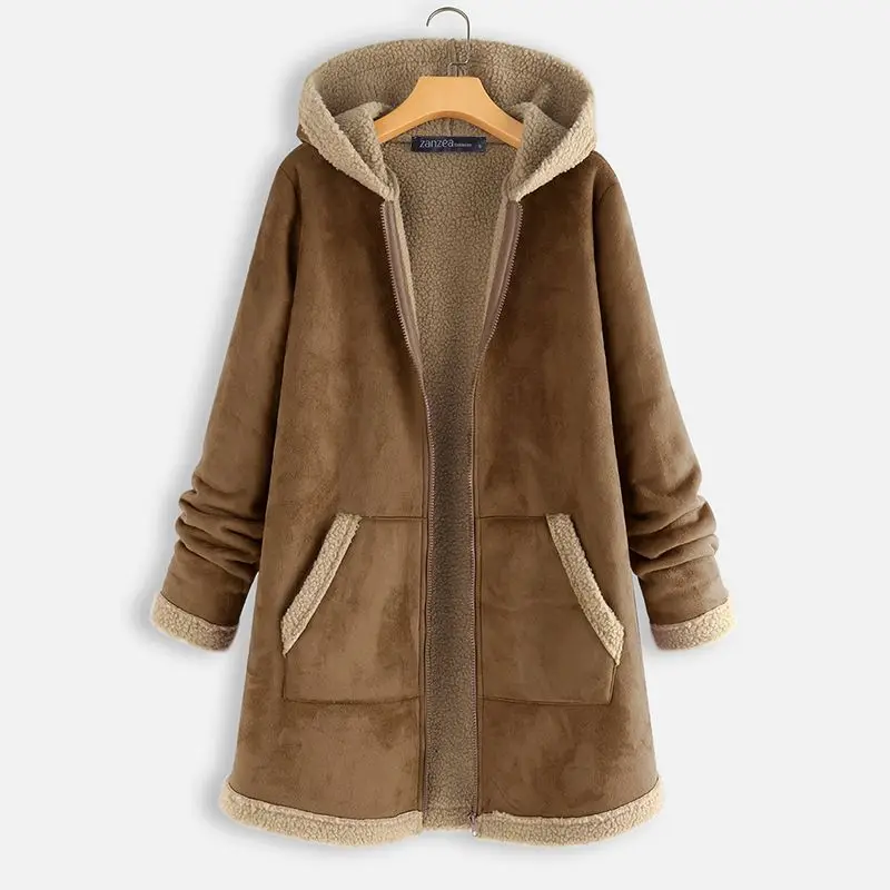 ZANZEA, женские толстовки, пальто, зима, длинный рукав, на молнии, верхняя одежда, Винтаж, с капюшоном, флисовые куртки, одноцветные, свободные, пальто, Femme, теплое пальто - Цвет: Coffee
