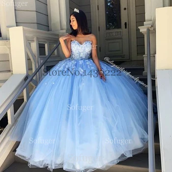 

Light Blue Sweetheart Ball Gown Evening Dresses Flowers Appliques Saudi Arabic Special Occasion Evening Formal Prom Party