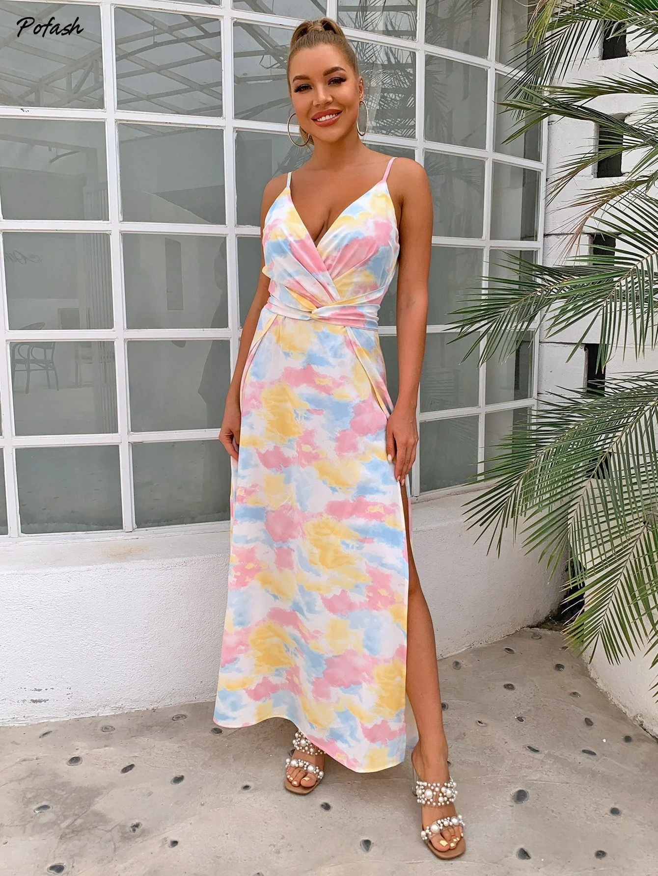 Joyfunear Twist Front Split Thigh Open Back Tie Dye Dress Joyfunear Twist Front Split Thigh Open Back Tie Dye Dress