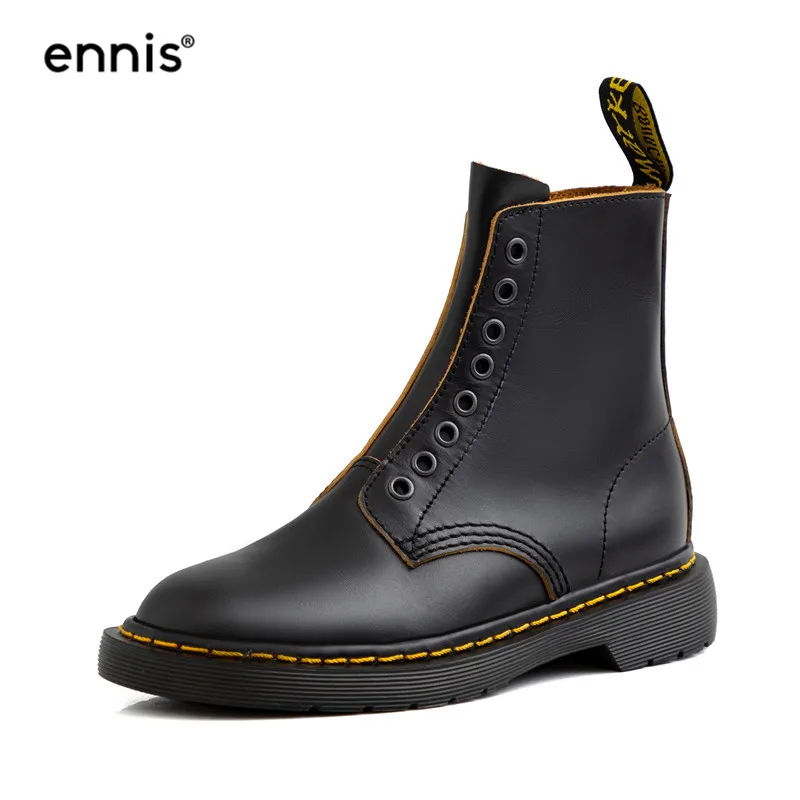 Black ENNIS/брендовые зимние ботинки; женские ботинки из натуральной кожи на молнии; ботильоны на плоской платформе с круглым носком; сезон осень; Цвет черный, красный; Новинка; A9378 - Цвет: Black