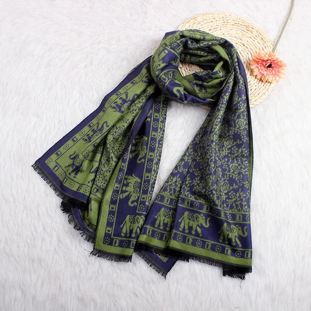 green navyblue Этический дизайн женский шарф из кашемира пашмины зимние теплые шарфы со слоном для Леди шали и обертывания длинные толстые - Цвет: green navyblue