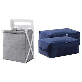 

1Pcs Foldable Laundry Storage Bucket Clothes Hamper Grey & 2Pcs Comforter Storage Bags Containers with Zippers