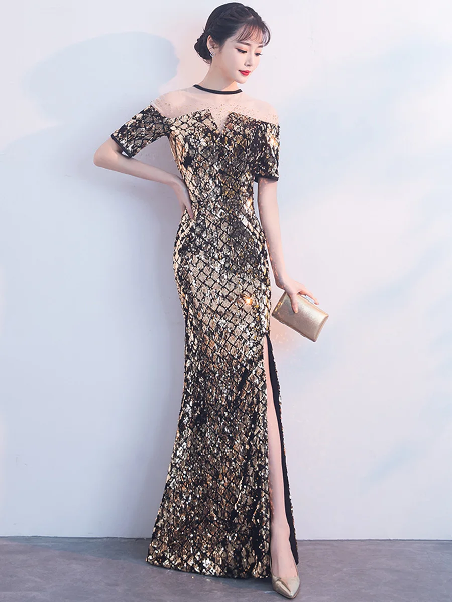 Вечернее платье, сексуальное, с разрезом, с блестками, Robe De Soiree, длина до пола, Русалка, вечернее платье, новинка, o-образный вырез, короткий рукав, Формальные платья F294