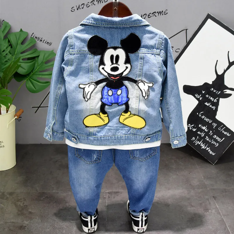 denim blue Весенне-осенний комплект из 2 предметов для мальчиков, джинсовая куртка+ джинсы, Детский костюм, детская одежда, комплект для малышей, с рисунком Микки Мики моуса, для детей от 2 до 7 лет - Цвет: denim blue