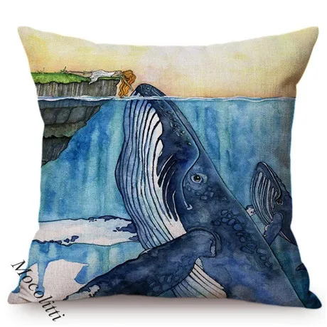 Blue Whale Style Ocean Animal Cushion Cover Water Color Painted Girls and Whale Dolphin Fairy Tales Decoration Sofa Pillow Cover 0097-1