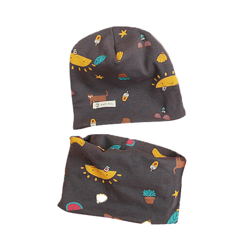 

2020 Autumn Winter Warm Cartoon Children Hood Scarf Neck 2PCS Set Printed Baby Kids Hat Scarf Suit