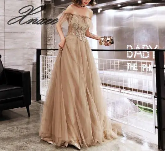 

2020 new temperament ladies party banquet one word long dress