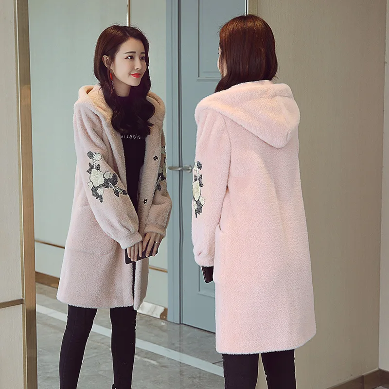 Imitation Mink Velvet Coat Women's Mid-length Autumn And Winter New Style Korean-style Embroidery Knitted Cardigan Hooded T