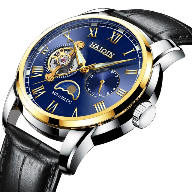 L-Gold Blue Fahion бренд HAIQIN Tourbillon механические мужские часы деловые военные спортивные наручные часы светящаяся указка reloj hombre - Цвет: L-Gold Blue